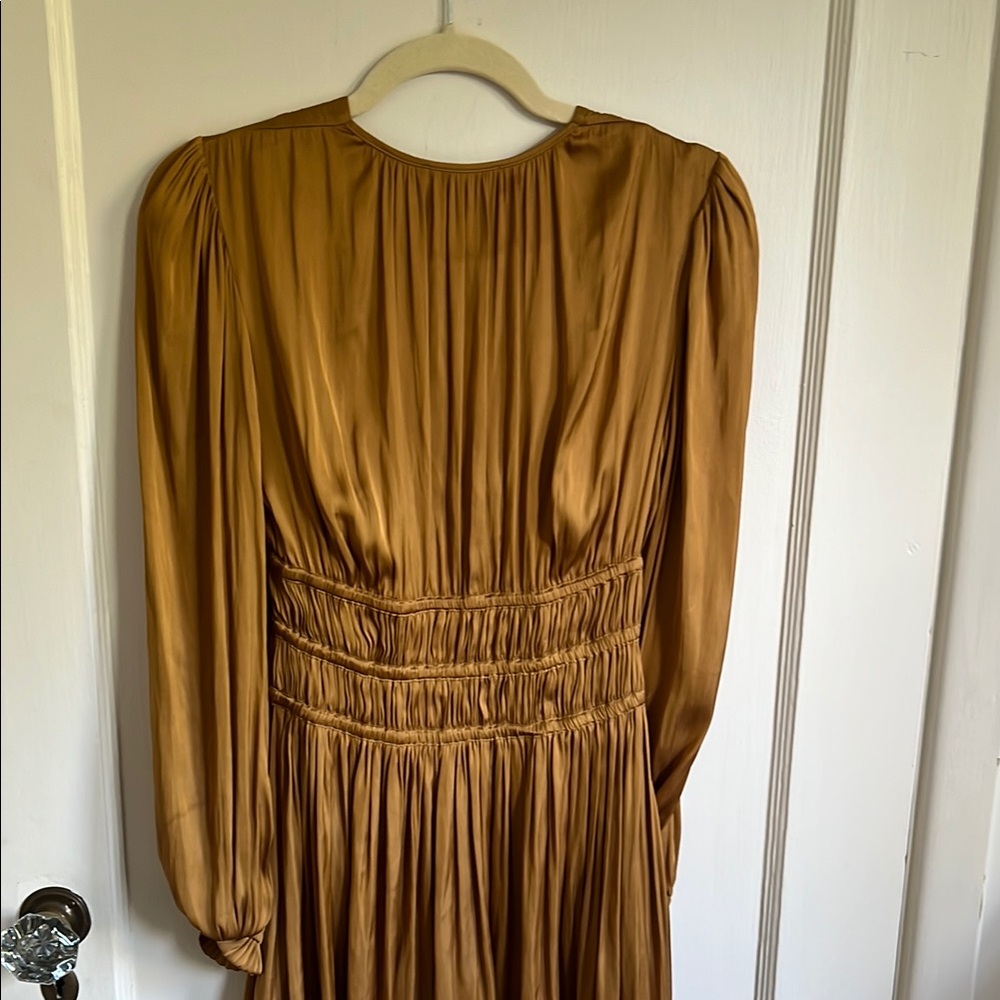 Maje Satin Ruched Rianne Gold Mini Dress - Picture 9 of 11